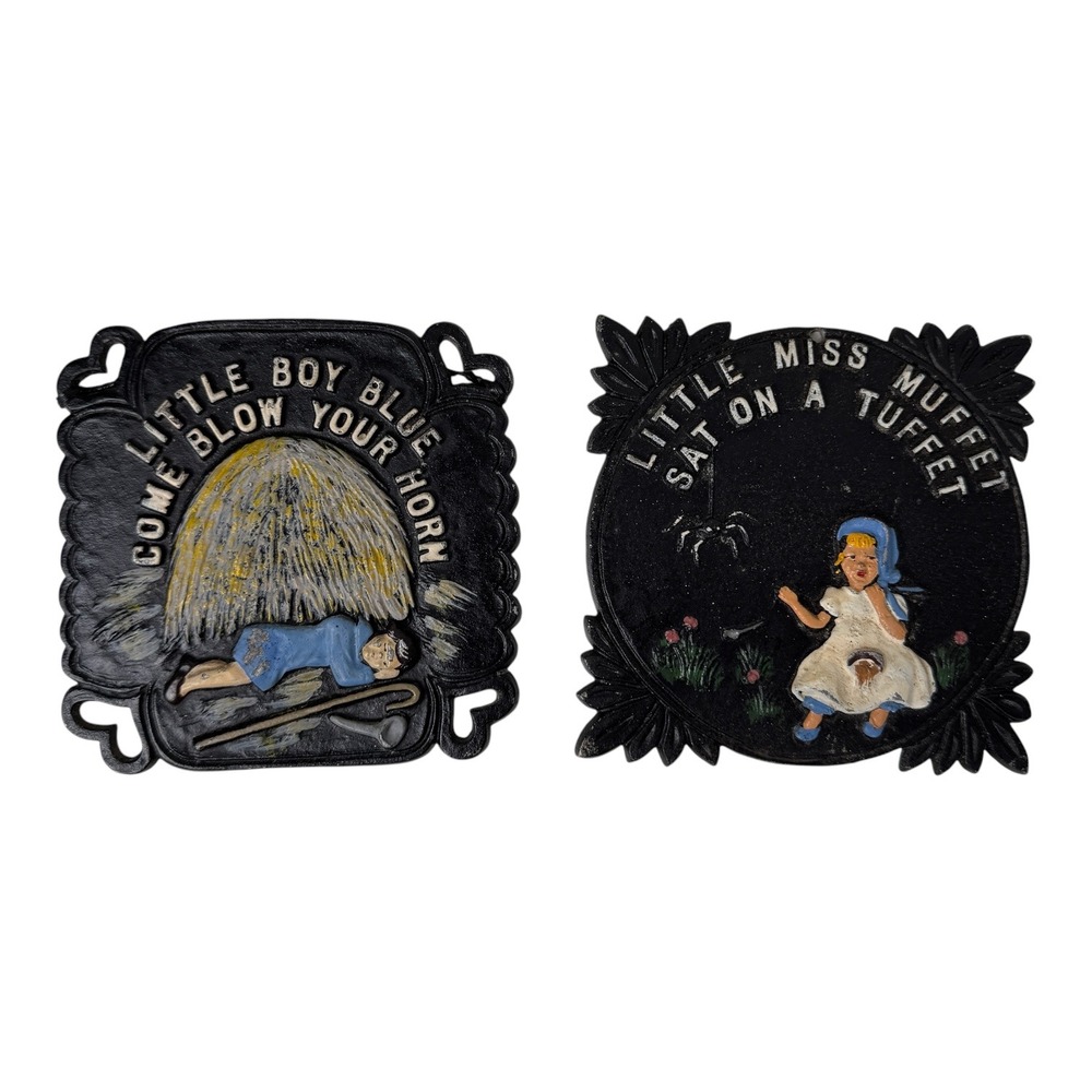 Vintage Nursery Rhyme Cast Iron Trivet Wall Plaques Set 2pc Retro Storybook